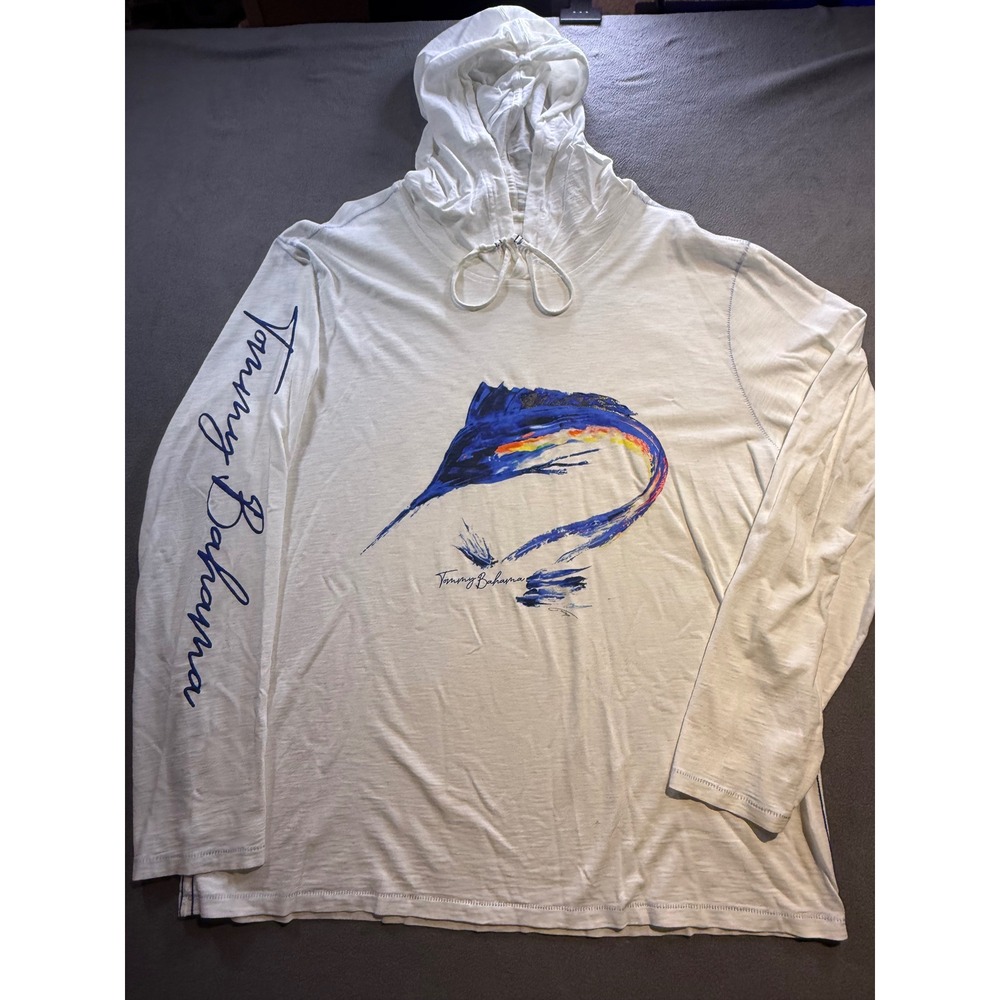 Tommy Bahama Mens XL White Marlin Graphic Long Sleeve Hooded T-Shirt Cotton